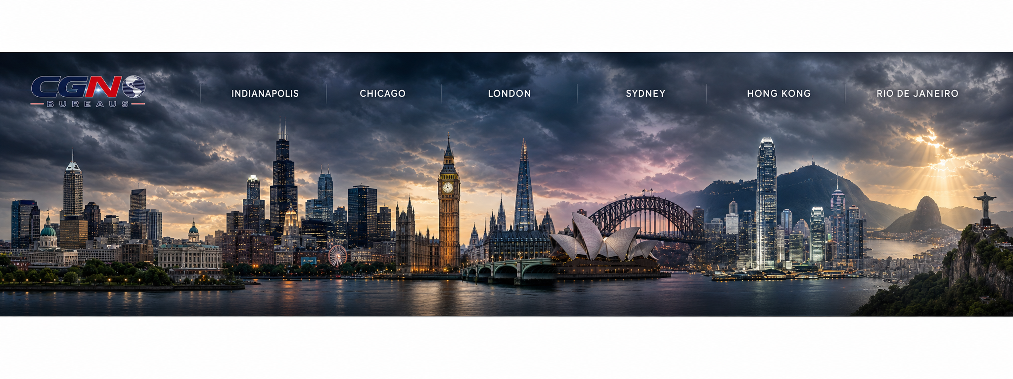 CGN News bureau cities: Indianapolis, Chicago, London, Sydney, Hong Kong, and Rio de Janeiro