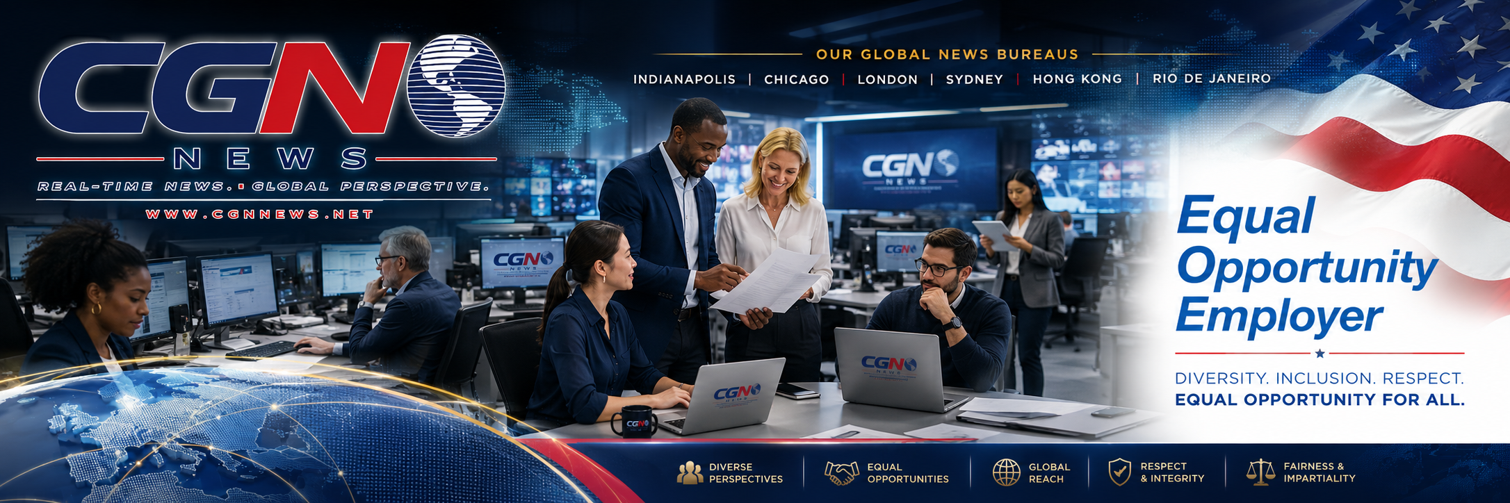 CGN News Equal Opportunity Employer banner showing a diverse newsroom, the CGN News logo, global bureau cities, and equal opportunity messaging