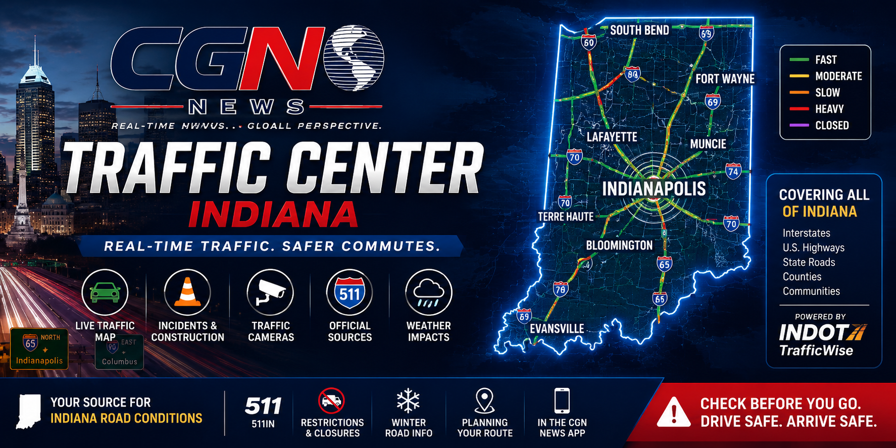 CGN Traffic Center Indiana — real-time traffic, incidents, construction, cameras, official 511IN sources and weather impacts