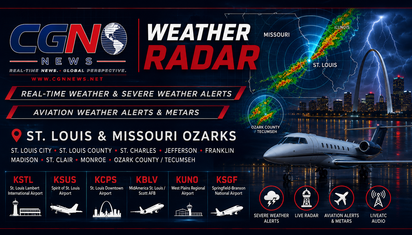CGN St. Louis Weather Radar — Real-Time Weather & Severe Weather Alerts, Aviation Weather Alerts & METARs, St. Louis and Ozark County