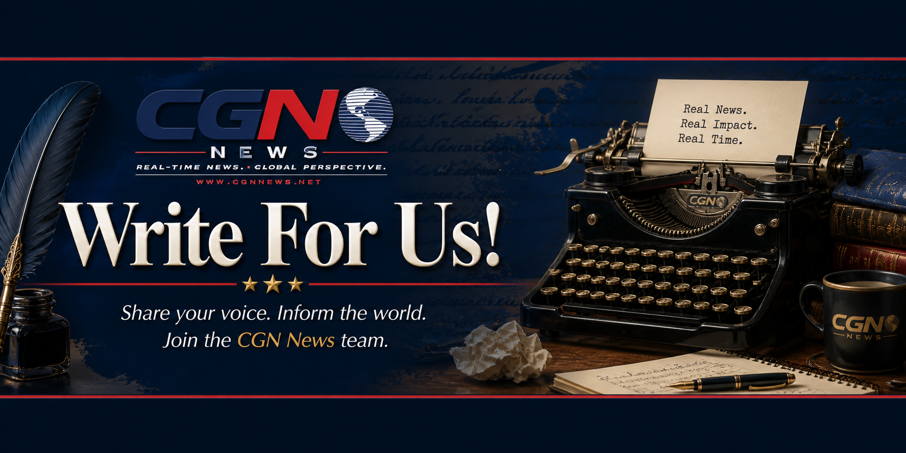 CGN News Write For Us banner with typewriter, quill, and writing desk visuals